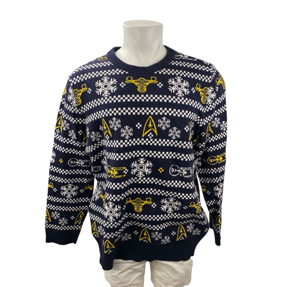 Star Trek Men's Navy Blue Fair Isle Knit Long Sleeve Crew Sweater Top One Size